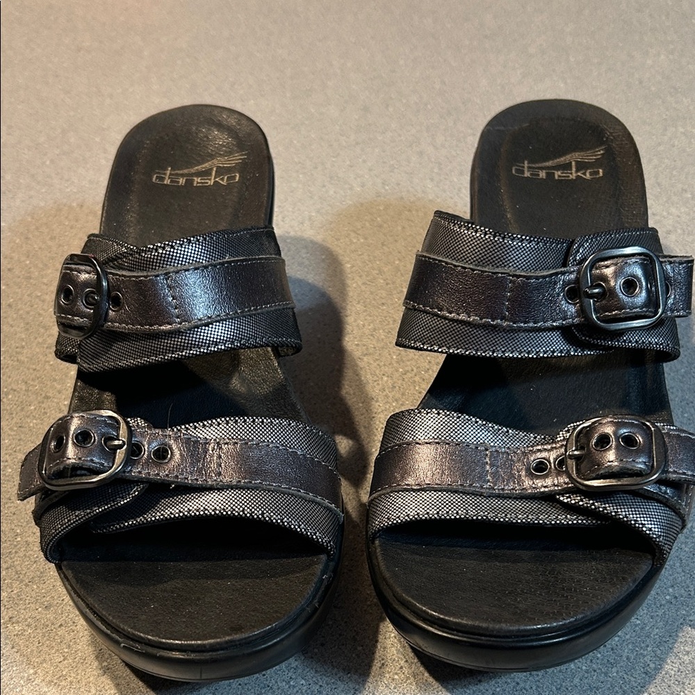 Dansko sz 36/US 5.5-6 - “Metallic Silver/Black Slide Sandals with Double Buckles